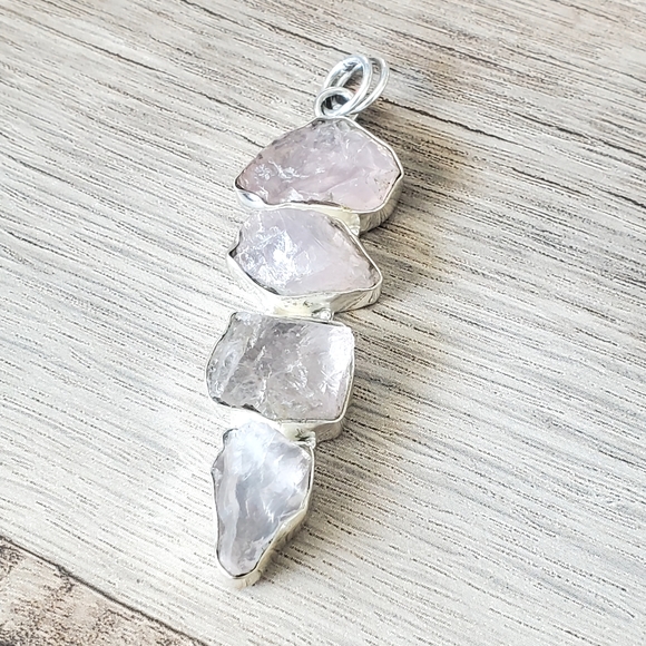 Natural Rough Rose Quartz Gemstones Set in 925 Sterling Silver Pendant, NWT - Picture 2 of 16
